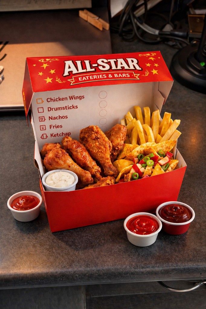 Allstar combo box with wings, fries, and nachos