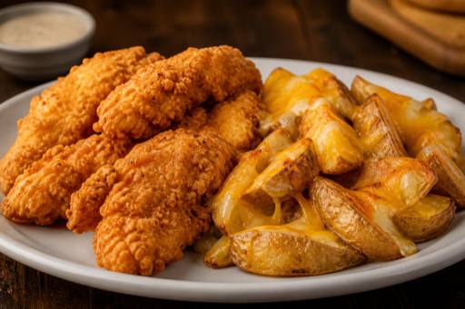 Crispy chicken tender and cheesy wedges